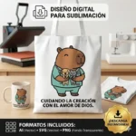 Vector cristiano Cuidando la Creación con el Amor de Dios con capibara veterinario cargando perro y gato estampado en tote bag para sublimar svg png ai