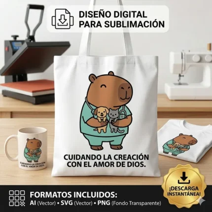 Vector cristiano Cuidando la Creación con el Amor de Dios con capibara veterinario cargando perro y gato estampado en tote bag para sublimar svg png ai