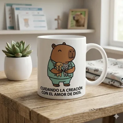 Cuidando la Creación con el Amor de Dios – Vector Cristiano Capibara Veterinario para Sublimar