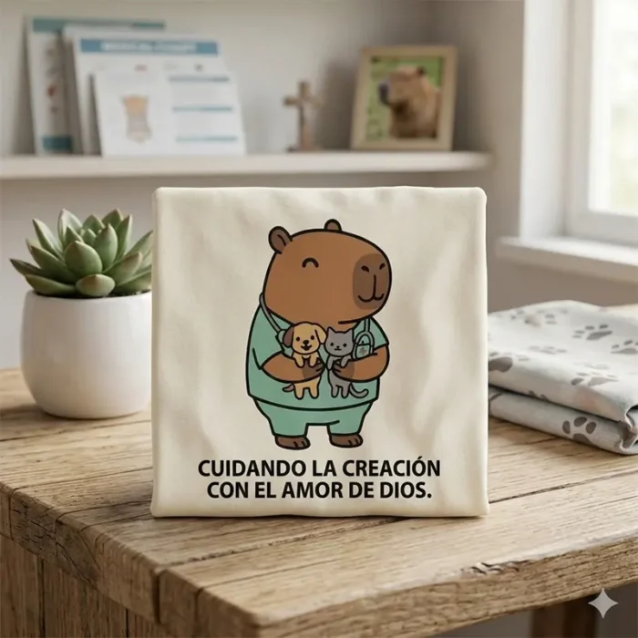 Cuidando la Creación con el Amor de Dios – Vector Cristiano Capibara Veterinario para Sublimar