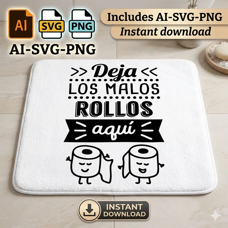 Deja los Malos Rollos Aquí – Vector Divertido con Papel Higiénico para Sublimar Vector divertido Deja los Malos Rollos Aquí con papel higiénico kawaii estampado en tapete de baño para sublimar SVG PNG AI