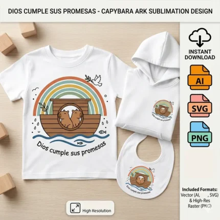 Vector cristiano Dios Cumple sus Promesas con capibaras en el arca y arcoíris estampado en remera y babero para sublimar SVG PNG AI