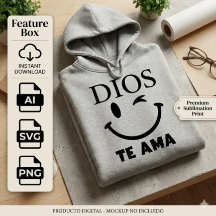 Vector cristiano Dios te Ama con carita feliz guiñando el ojo estampado en hoodie gris para sublimar SVG PNG AI