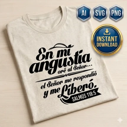 Vector cristiano En mi Angustia Oré al Señor con Salmos 118:5 estampado en remera crema para sublimar SVG PNG AI
