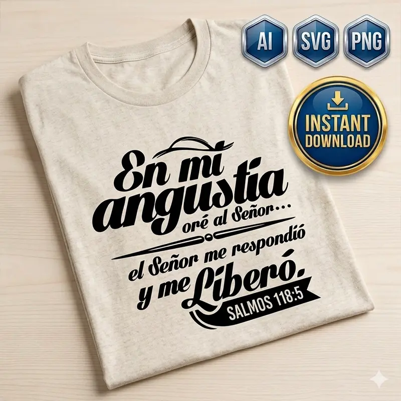 En mi Angustia Oré al Señor – Vector Cristiano Salmos 118.5 para Sublimar Vector cristiano En mi Angustia Oré al Señor con Salmos 118:5 estampado en remera crema para sublimar SVG PNG AI