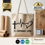 Vector cristiano Fe Esperanza Amor con cruz, latido y corazón estampado en tote bag para sublimar SVG PNG AI
