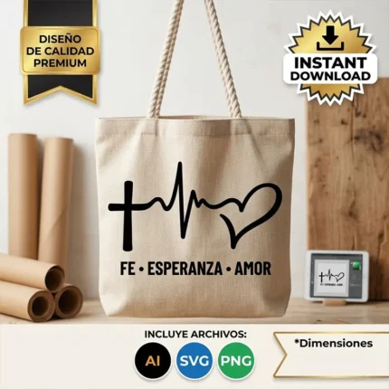 Vector cristiano Fe Esperanza Amor con cruz, latido y corazón estampado en tote bag para sublimar SVG PNG AI