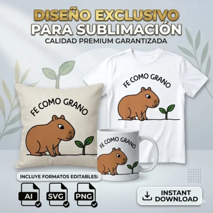 Vector cristiano gratis Fe como Grano con capibara mirando una planta estampado en remera, cojín y taza para sublimar SVG PNG AI