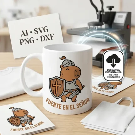 Vector cristiano Fuerte en el Señor con capibara guerrero armadura y escudo estampado en taza para sublimar SVG PNG AI