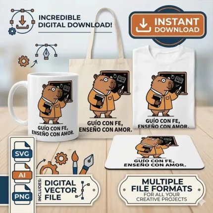 Vector cristiano Guío con Fe Enseño con Amor con capibara maestro y pizarrón estampado en taza, tote bag y remera para sublimar svg png ai