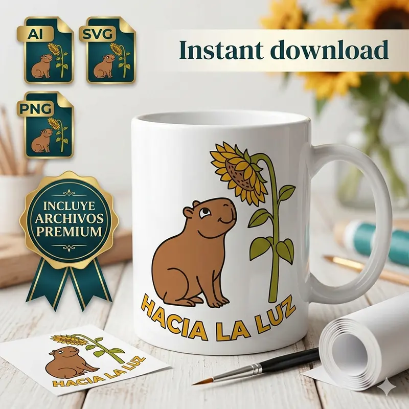 Hacia la Luz – Vector Cristiano Capibara para Sublimar Vector cristiano Hacia la Luz con capibara y girasol estampado en taza para sublimar SVG PNG AI