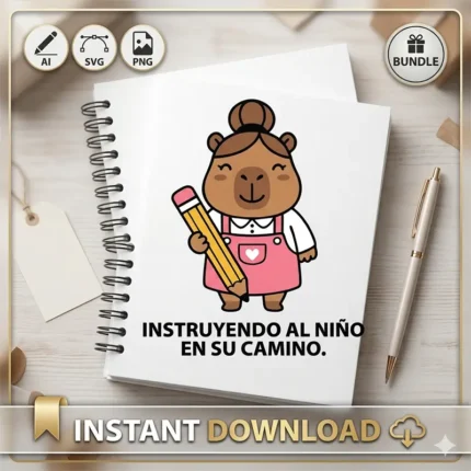 Vector cristiano Instruyendo al Niño en su Camino con capibara maestra y lápiz estampado en cuaderno para sublimar svg png ai