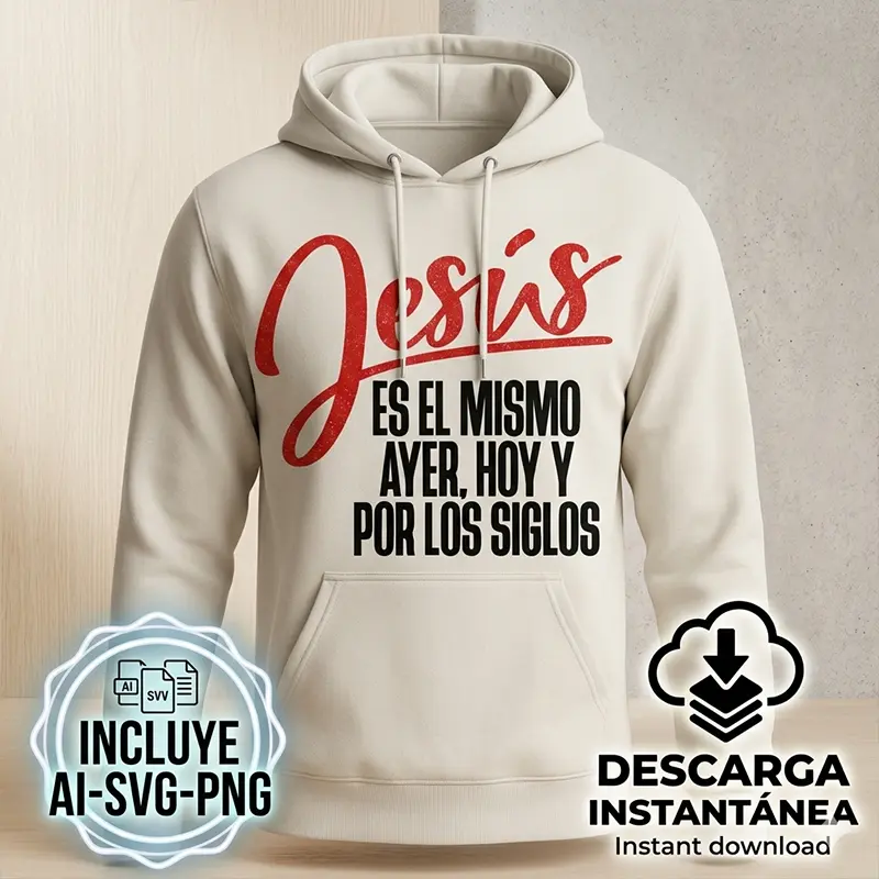Jesús es el Mismo Ayer, Hoy y Por los Siglos – Vector Cristiano para Sublimar Vector cristiano Jesús es el Mismo Ayer Hoy y Por los Siglos estampado en hoodie beige para sublimar SVG PNG AI