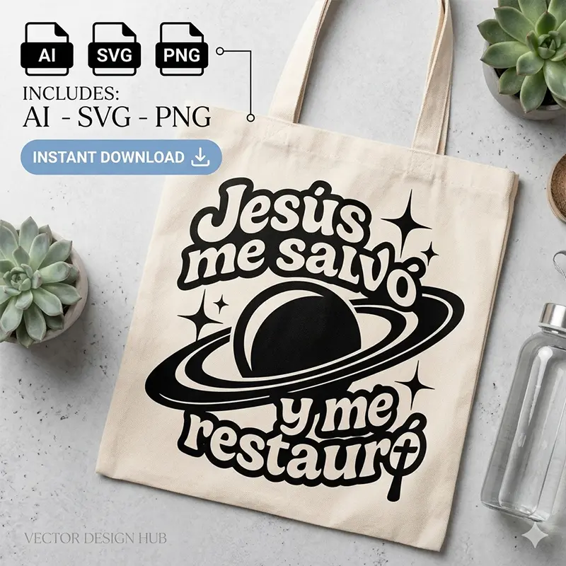 Jesús me Salvó y me Restauró – Vector Cristiano Retro Espacial para Sublimar Vector cristiano Jesús me Salvó y me Restauró con planeta y estrellas estampado en bolsa para sublimar SVG PNG AI