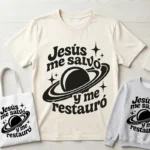 Jesús me Salvó y me Restauró – Vector Cristiano Retro Espacial para Sublimar