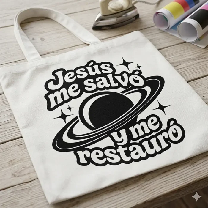 Jesús me Salvó y me Restauró – Vector Cristiano Retro Espacial para Sublimar