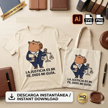 Vector cristiano La Justicia es mi Fe Dios mi Guía con capibara abogado y balanza estampado en remera y tote bag para sublimar SVG PNG AI