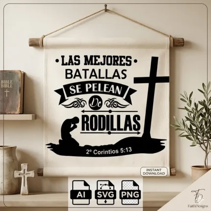 Vector cristiano Las Mejores Batallas se Pelean de Rodillas con cruz y hombre orando estampado en tapiz para sublimar SVG PNG AI