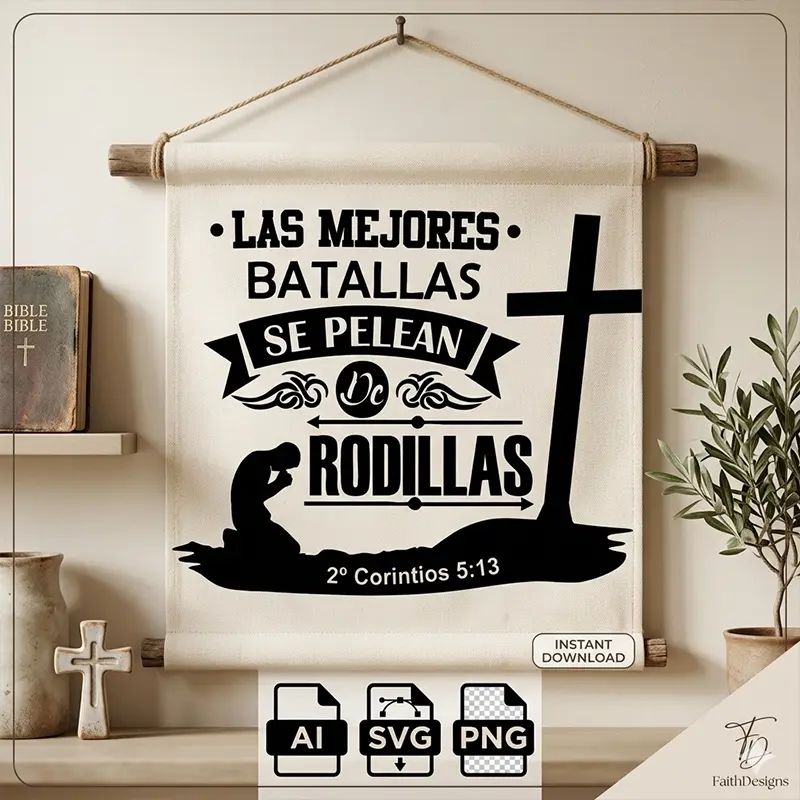 Las Mejores Batallas se Pelean de Rodillas – Vector Cristiano con Cruz para Sublimar Vector cristiano Las Mejores Batallas se Pelean de Rodillas con cruz y hombre orando estampado en tapiz para sublimar SVG PNG AI