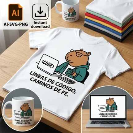 Vector cristiano Líneas de Código Caminos de Fe con capibara programador en laptop estampado en remera y taza para sublimar svg png ai