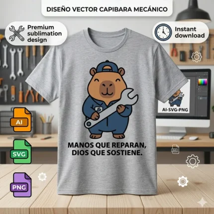 Vector cristiano Manos que Reparan Dios que Sostiene con capibara mecánico y llave inglesa estampado en remera para sublimar svg png ai