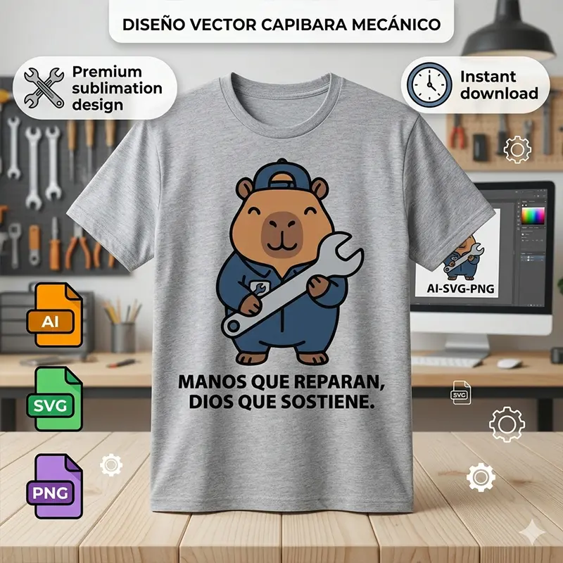 Manos que Reparan, Dios que Sostiene – Vector Cristiano Capibara Mecánico para Sublimar Vector cristiano Manos que Reparan Dios que Sostiene con capibara mecánico y llave inglesa estampado en remera para sublimar svg png ai