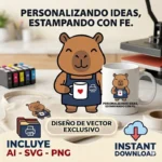 Vector cristiano Personalizando Ideas Estampando con Fe con capibara sublimador delantal azul sosteniendo taza con corazón estampado en tote bag, taza y remera para sublimar svg png ai