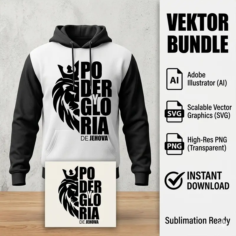 Poder y Gloria de Jehová – Vector Cristiano con León y Corona para Sublimar Vector cristiano Poder y Gloria de Jehová con león y corona estampado en hoodie blanco y negro para sublimar SVG PNG AI