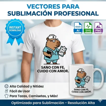 Vector cristiano Sano con Fe Cuido con Amor con capibara enfermero uniforme médico estampado en remera y taza para sublimar svg png ai