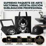 Diseño vectorial premium de Vegeta de Dragon Ball estampado en playera, bolso de tela negro y gorra