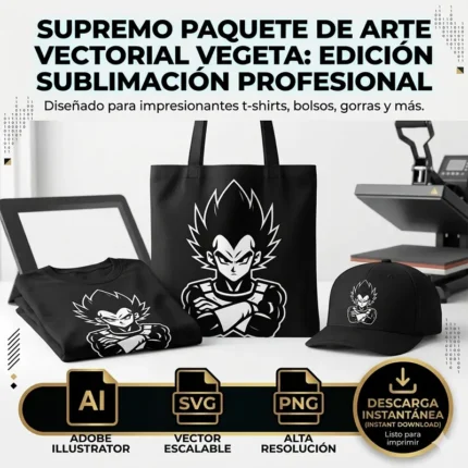 Diseño vectorial premium de Vegeta de Dragon Ball estampado en playera, bolso de tela negro y gorra