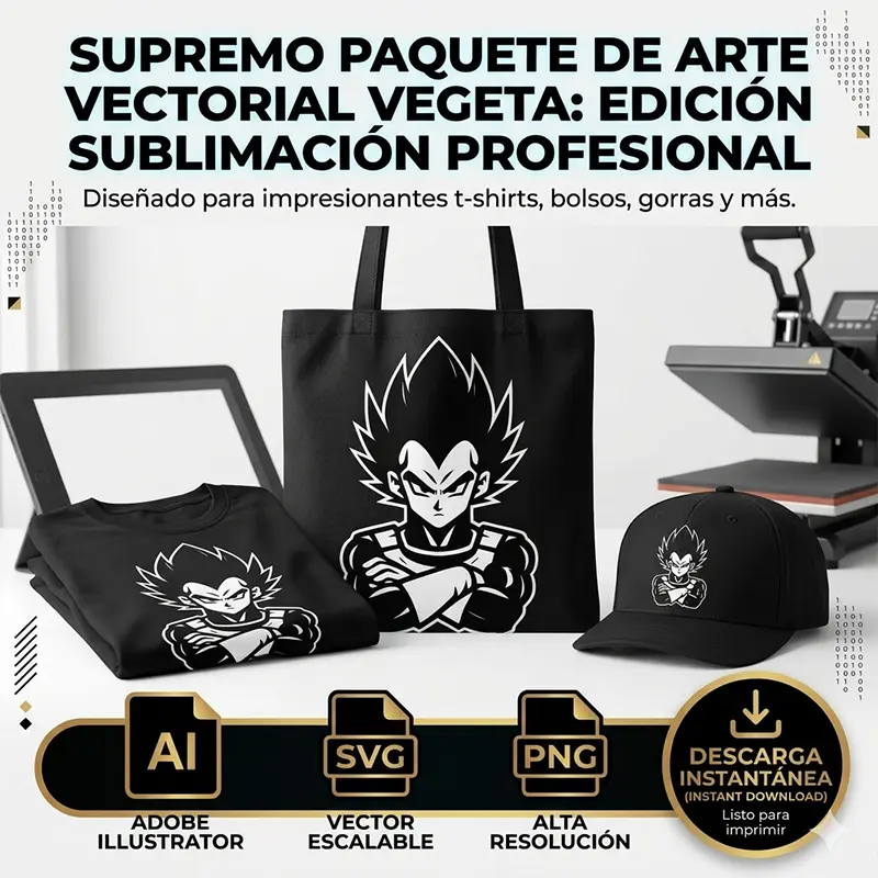 Vector Anime Vegeta Dragon Ball para Estampado y Corte Diseño vectorial premium de Vegeta de Dragon Ball estampado en playera, bolso de tela negro y gorra