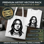 Diseño vectorial premium del retrato en alto contraste de Billie Eilish estampado en un bolso tote bag de cuero y tela negro