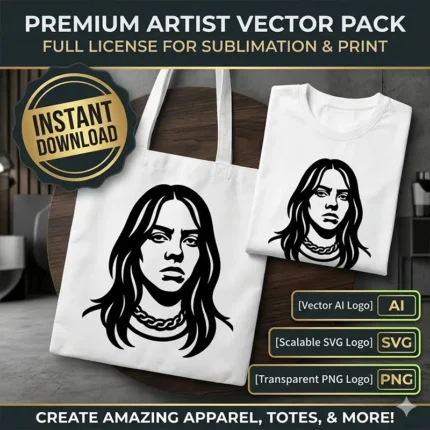 Diseño vectorial premium del retrato en alto contraste de Billie Eilish estampado en un bolso tote bag de cuero y tela negro