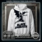 Diseño vectorial premium de Black Sabbath con su icónico logo alado estampado en una sudadera gris con capucha