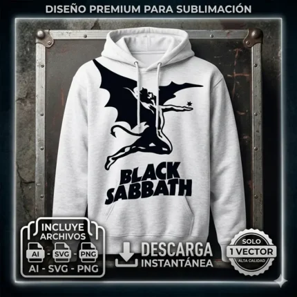 Diseño vectorial premium de Black Sabbath con su icónico logo alado estampado en una sudadera gris con capucha