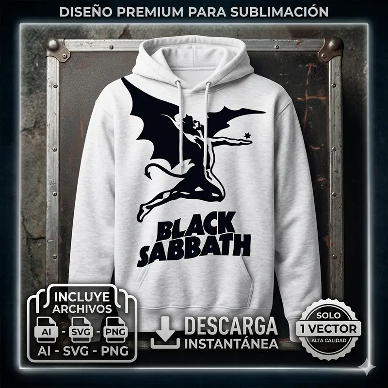 Vector Black Sabbath Rock Heavy Metal para Estampado y Corte Diseño vectorial premium de Black Sabbath con su icónico logo alado estampado en una sudadera gris con capucha