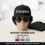 Diseño vectorial premium de la palabra Compton en tipografía gótica Old English estampado en una gorra negra de visera plana