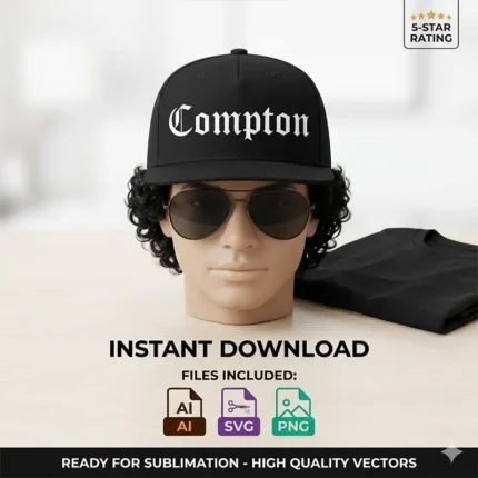 Diseño vectorial premium de la palabra Compton en tipografía gótica Old English estampado en una gorra negra de visera plana