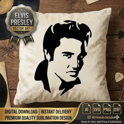 Diseño vectorial premium del retrato en alto contraste de Elvis Presley estampado en un cojín cuadrado de color crema