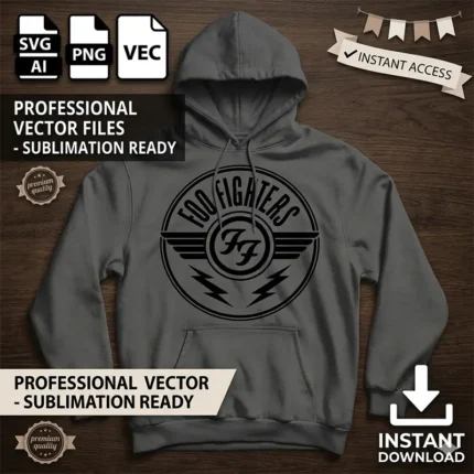 Diseño vectorial premium del logotipo circular con alas de Foo Fighters estampado en una sudadera gris con capucha