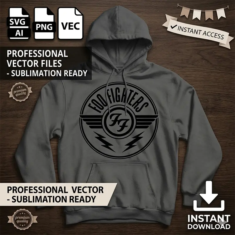 Vector Foo Fighters Rock Logo Emblema para Estampado y Corte Diseño vectorial premium del logotipo circular con alas de Foo Fighters estampado en una sudadera gris con capucha