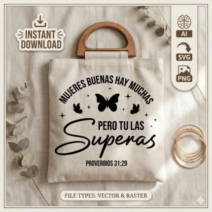 Diseño vectorial de Proverbios 31:29 Mujeres buenas hay muchas en bolsa tote con mariposas