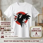 Diseño vectorial premium de Goku de perfil y la silueta del mono gigante Ozaru con un sol rojo de fondo estampado en playera blanca