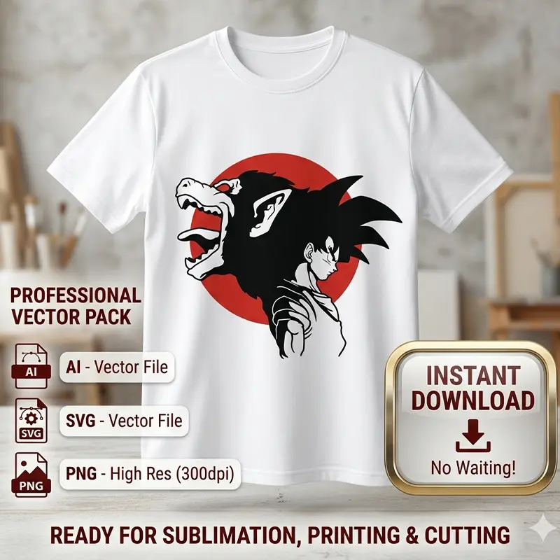 Vector Goku y Ozaru Dragon Ball Anime para Estampado y Corte Diseño vectorial premium de Goku de perfil y la silueta del mono gigante Ozaru con un sol rojo de fondo estampado en playera blanca