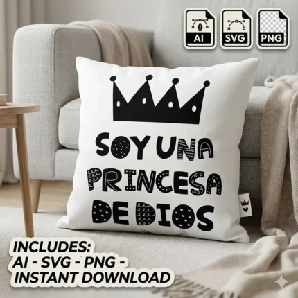 Diseño vectorial gratuito Soy una Princesa de Dios con corona negra en cojín blanco