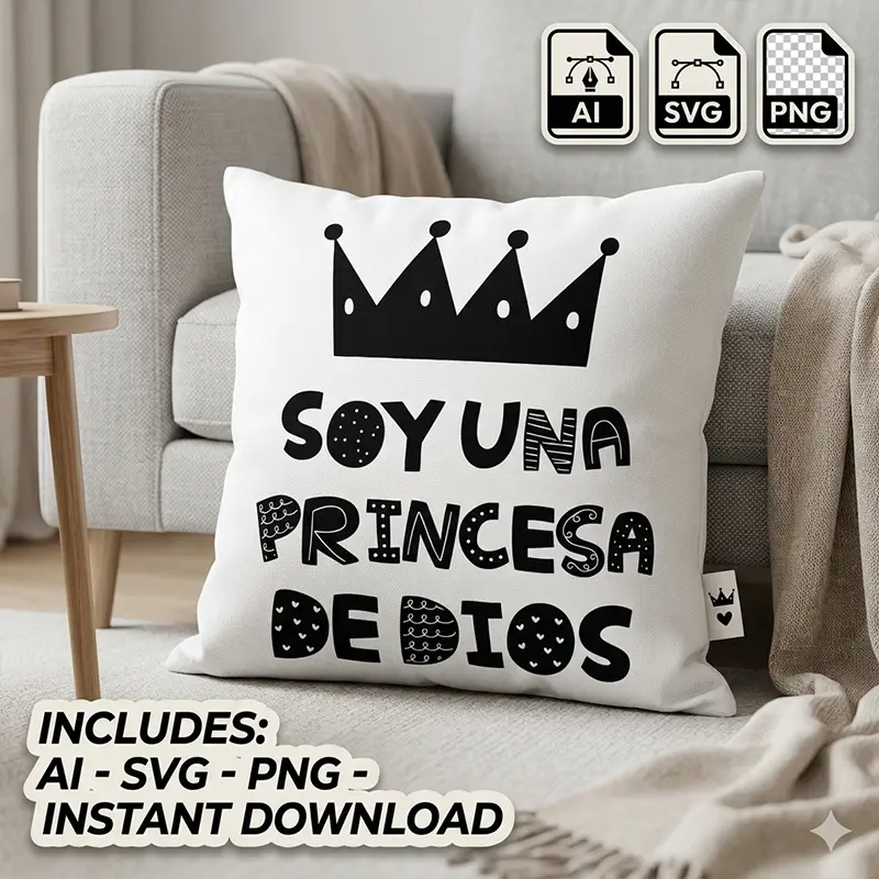 Vector Gratis Frase Cristiana Soy una Princesa de Dios SVG PNG AI Diseño vectorial gratuito Soy una Princesa de Dios con corona negra en cojín blanco