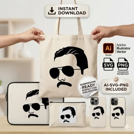 Diseño vectorial gratuito de la silueta en alto contraste de Freddie Mercury de Queen con gafas de sol estampado en bolsa tote bag y fundas