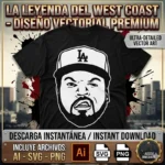 Diseño vectorial premium de Ice Cube con gorra de LA estampado en playera negra con detalles urbanos de fondo