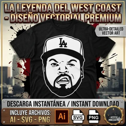 Diseño vectorial premium de Ice Cube con gorra de LA estampado en playera negra con detalles urbanos de fondo